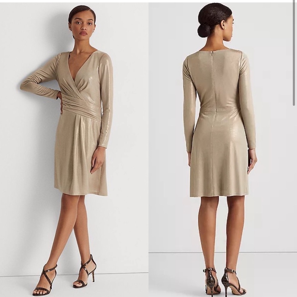 Lauren Ralph Lauren Metallic Taupe Long-Sleeve Wrap Dress